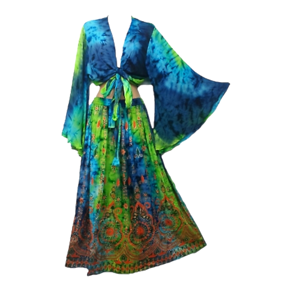Boho 2 Piece Blue & Green Multicolor Tie Dye Top & Skirt Set